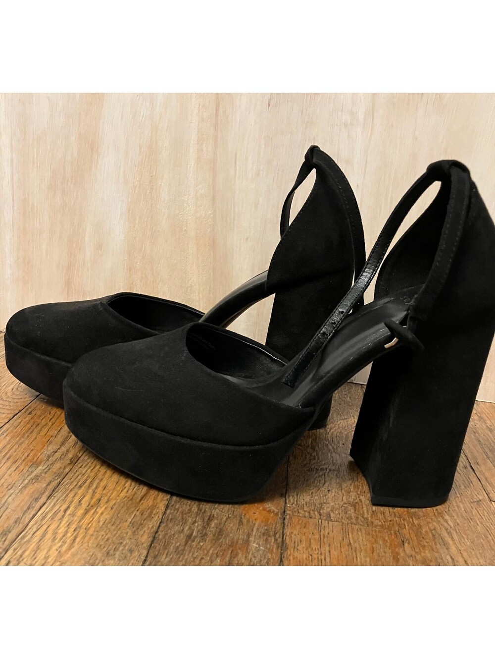 A New Day Womens 7 Mary Jane Platform Heels Black Suede Ankle Strap Block Heel - Picture 4 of 8